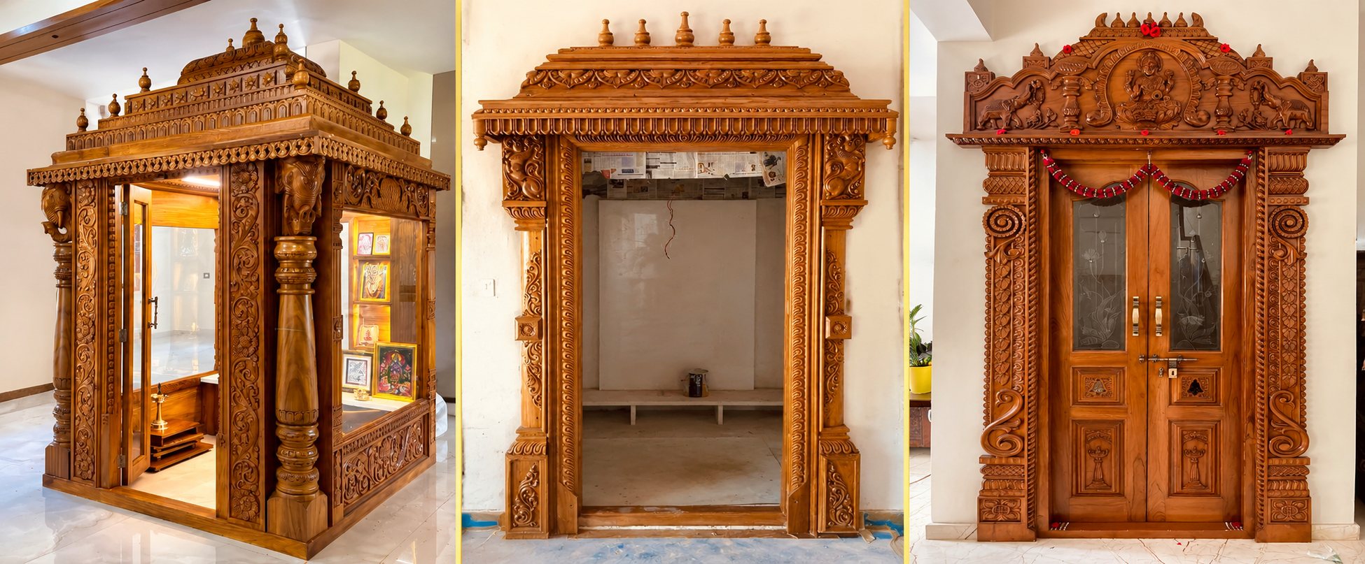 Teak pooja room, temple doorway & carved main door